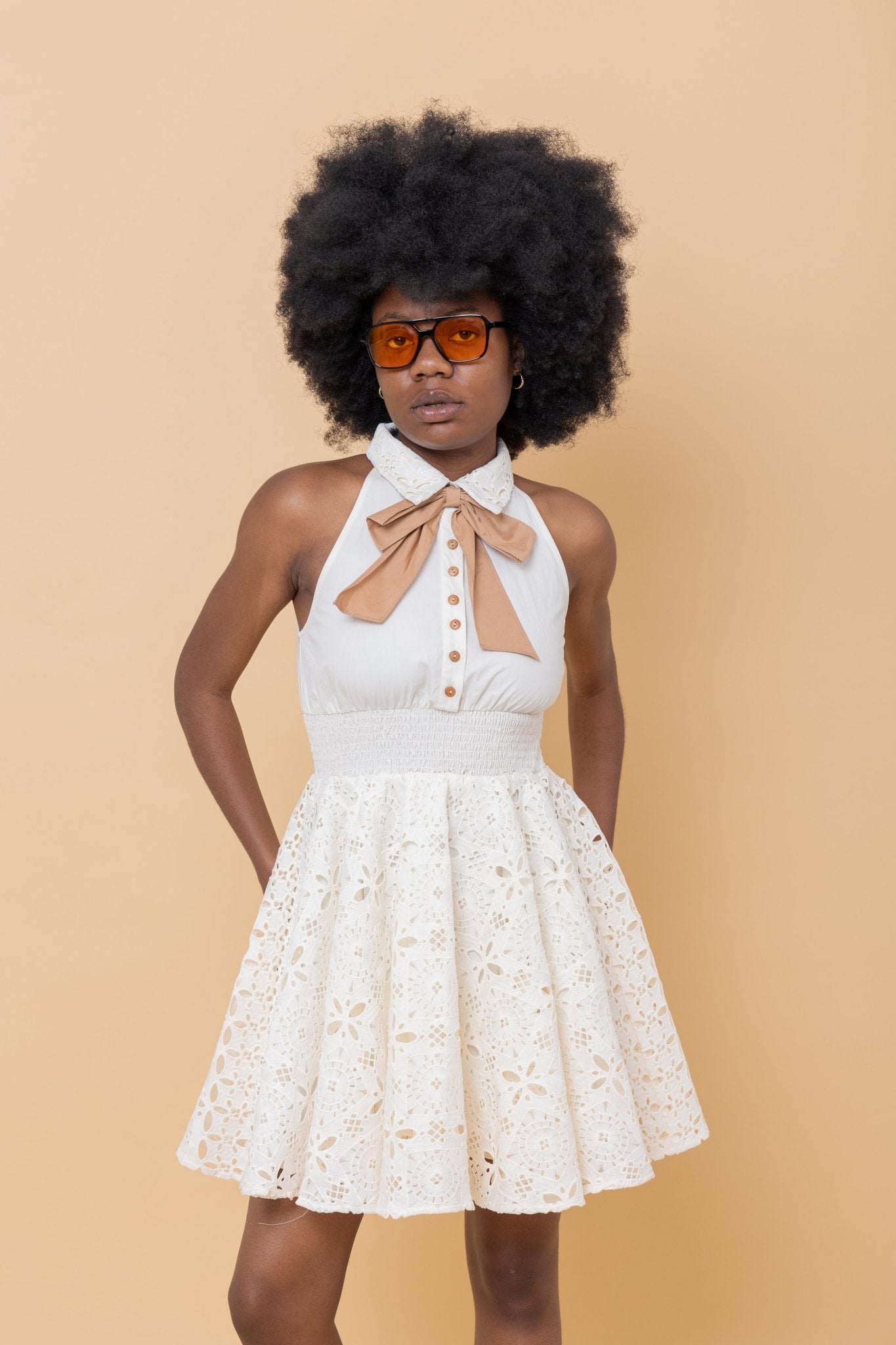 Vintage - Inspired White Dress with Bow Detail - #GT#